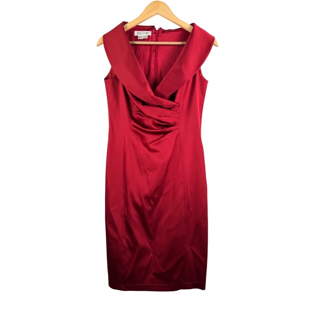 Kay Unger satin cocktail silk blend retro dress‎ red ruched sheath sz 8